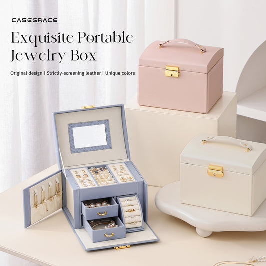 Casegrace Jewelry Organizer with Mirror 2 Drawers & Lock Jewelry Gift Box for Women Jewellery Boxes for Ring Necklace